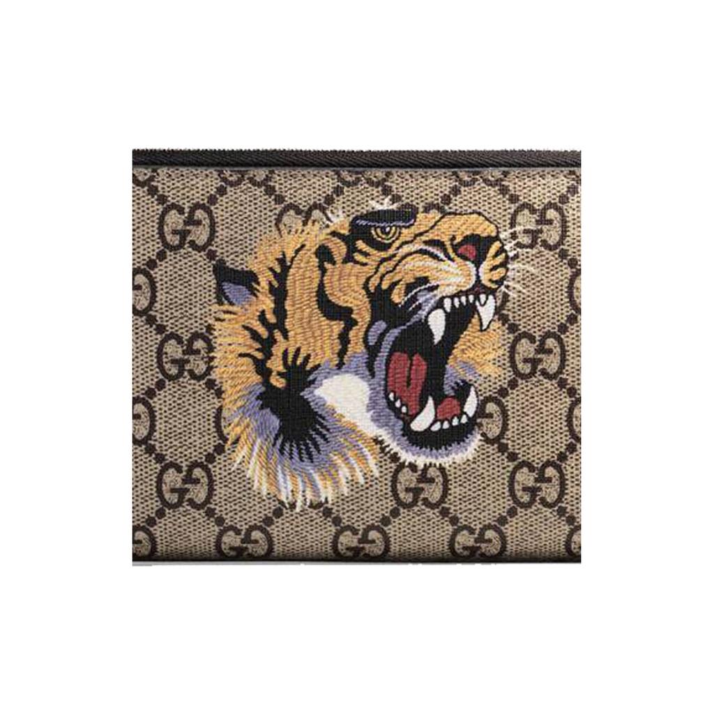 Gucci Печать Голова Тигра Винтажный Логотип Холст и Кожа Длинный Кошелек на Молнии Мужской кошелек Эбеновое Черное 451273-K5Z1N-8666
