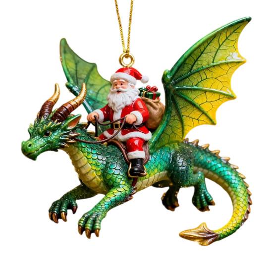 Christmas Themed Hanging Ornament Santa Claus Dragon Rider Ornament, 2D Acrylic Red Durable Resin Decoration with Flying Tree Decorations for