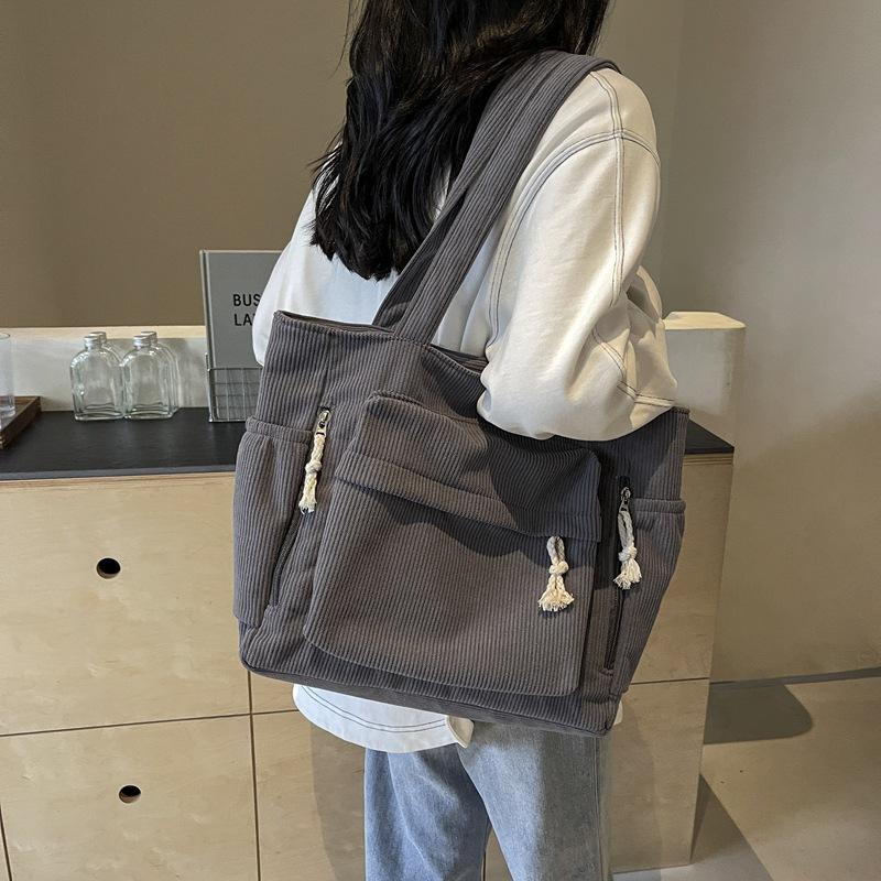 Travel Master Corduroy Shoulder Bag Casual Solid Color Multi-pocket Adjustable Strap for Daily Commute Outdoor Travel