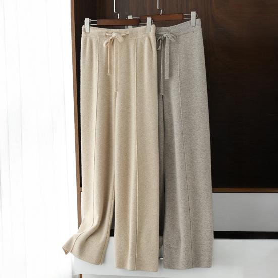 Women Long Pants Elastic High Waist Wide-Leg Knitted Pants with Pockets Solid Color Autumn Winter Warm Trousers