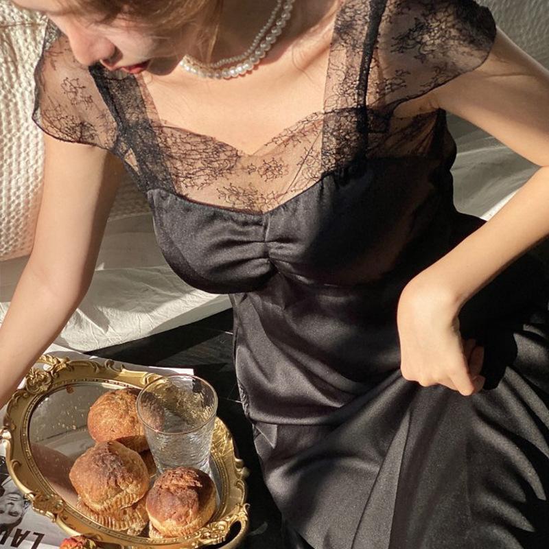 1011 new nightgown women's summer ice silk thin court temperament French fairy long dress sexy pajamas women