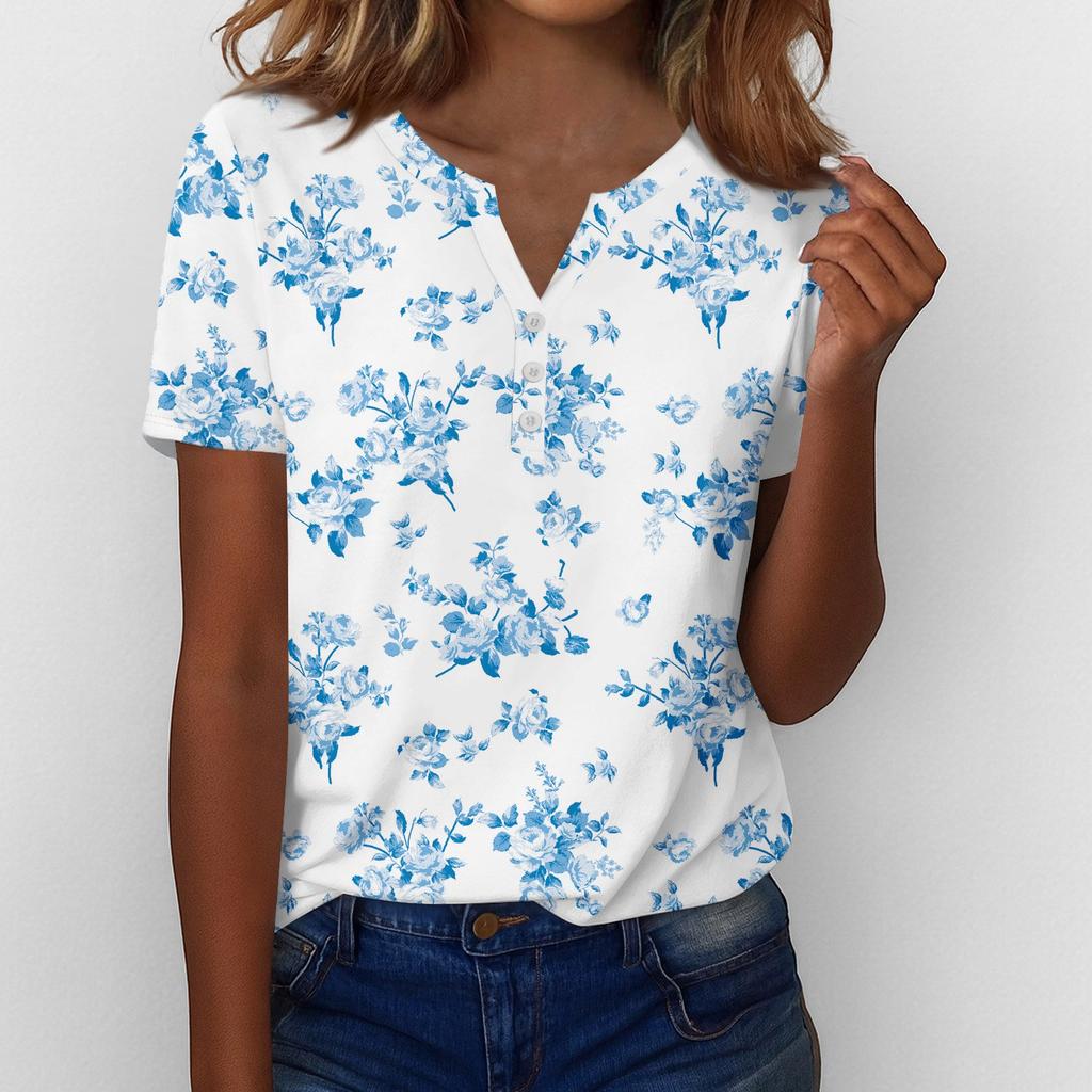 Летние топы для женщин Блузки на пуговицах для женщин Нарядные повседневные футболки с V-образным вырезом