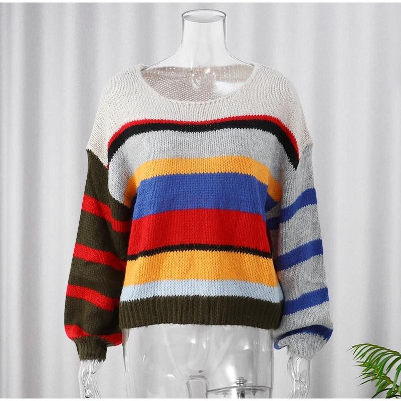 Color Block Striped Loose Knit Sweater Womens Casual Long Sleeve Rainbow Pullover