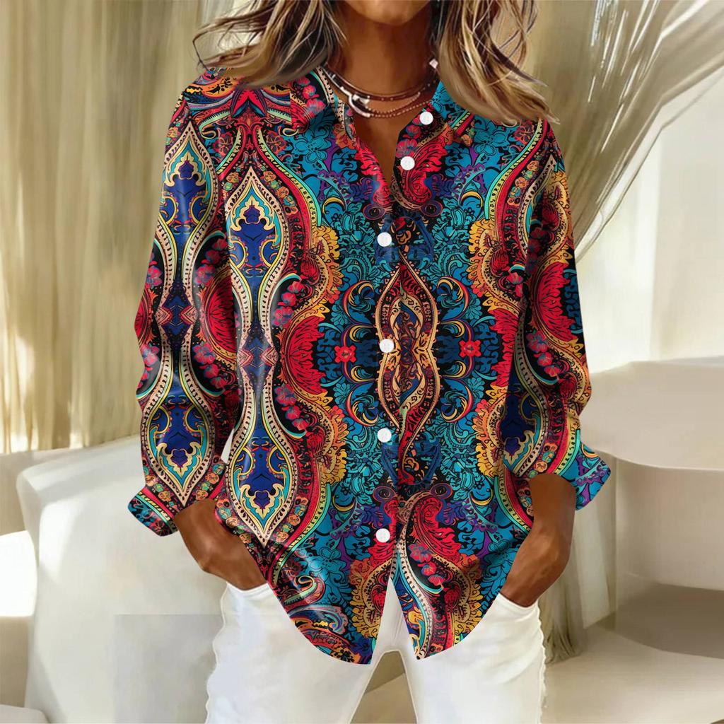 Женская рубашка с пуговицами с цветочным принтом, повседневная рубашка с длинными рукавами, блузки, повседневные базовые топы больших размеров