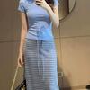 Летняя корейская одежда полный комплект ootd омолаживающий стильный шикарный топ полосатая юбка комплект из двух предметов