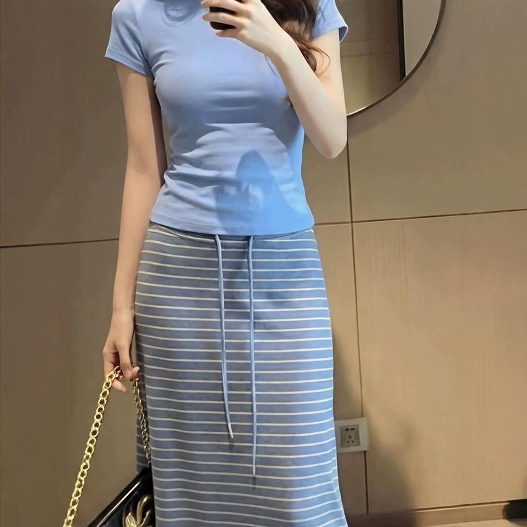 Летняя корейская одежда полный комплект ootd омолаживающий стильный шикарный топ полосатая юбка комплект из двух предметов