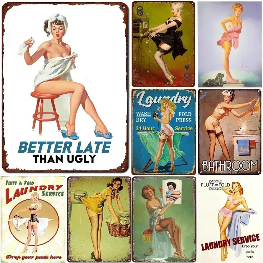 Винтажные металлические знаки Pinup Girls Настенный декор для ванной комнаты Прачечная Мужская пещера Домашние бары Гараж Кафе Клубы Ретро-плакаты Табличка