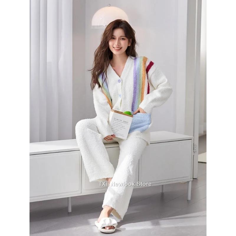 Зимняя женская полубархатная пижама в радужную полоску из кораллового бархата, утолщенная износостойкая домашняя одежда