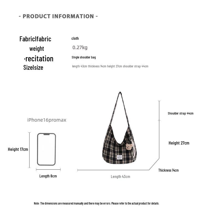 Легкая сумка-тоут в клетку в стиле ретро - Универсальная, большой вместимости для учебы, покупок или поездок на работу