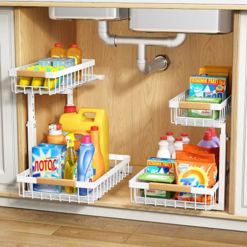 ХАСОНА Хранение под раковиной, Выдвижное кухонное хранилище, Набор из 2 штук, L-образный, 2-ярусный ящик, Стеллаж для хранения под раковиной, Хранение приправ, Металл, Регулируемый H