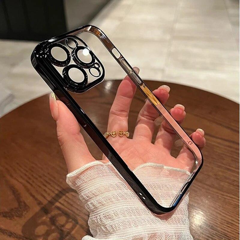 Original Square Plating Border Clear Phone Case For IPhone 11 12 13 14 15 Pro Max Plus Mini XS XR X Lens Film Protective Cover