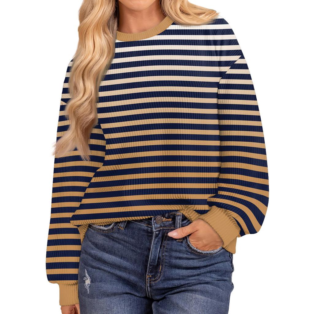 Женские повседневные свободные туники, топы с круглым вырезом, трикотажные ребристые рубашки с принтом, длинный рукав, пуловер, топ