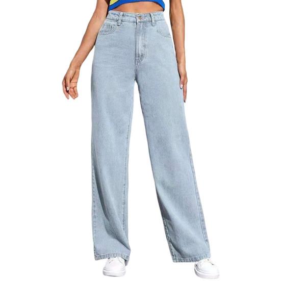 Women Jeans with Pockets High Waist Button Zipper Closure Straight Pants Solid Color Vintage American Style Denim Trousers for Daily Wear Scool