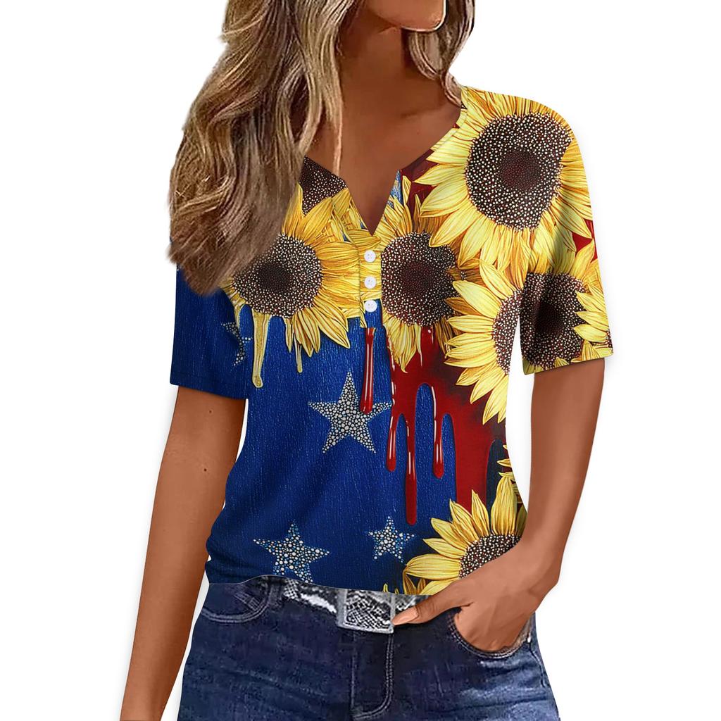 Women Casual V Neck Short Sleeve T Shirt Button Detail Sunflower Print Lightweight Summer Top for Everyday Wear