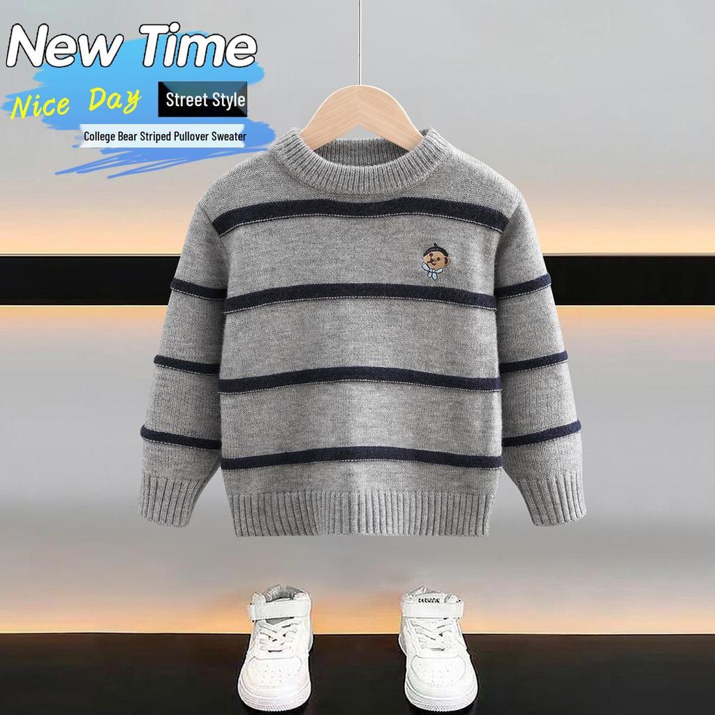 Boys' Striped Wool Crew Neck Sweater - Thick, Warm & Stylish for Autumn/Winter