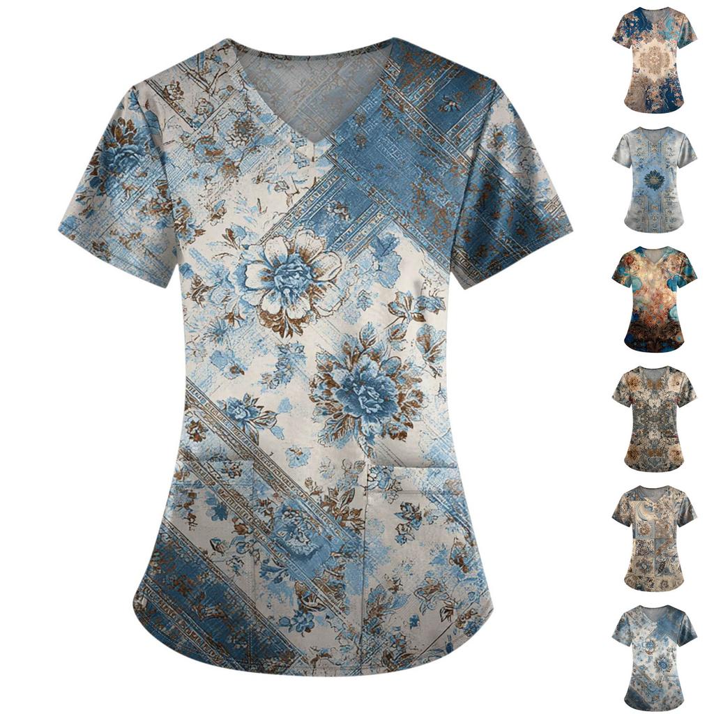 Plus Size Printed Scrub Working Uniform Tops For Women's V-Neck Print Short Sleeve Fun T-Shirts Workwear Tee With Pockets