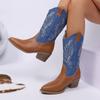 Цветные вышитые ковбойские сапоги 2025 Осень/зима Новые остроносые на толстом каблуке средней высоты женские сапоги