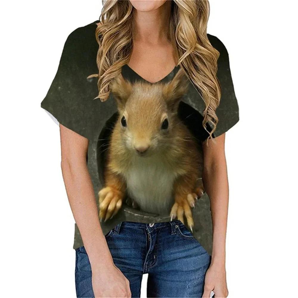 Летние футболки с изображением животных и забавной белки в формате 3D, женская повседневная уличная одежда, футболка с коротким рукавом и V-образным вырезом, футболки Harajuku, топы, одежда