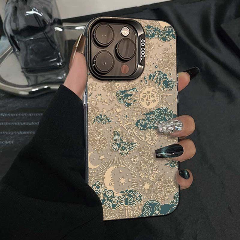 Ретро Стиль Солнце Луна Звезды Арт Чехол для Телефона для Серии iPhone 17 16 15 14 13 12 11 Pro Max Plus Двухслойная Защита