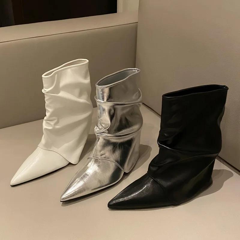 Модные осенне-зимние плиссированные женские ботильоны с острым носком на танкетке для банкета, выпускного вечера, женская обувь, Botas Mujer