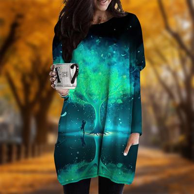 Новинка осени. Платье больших размеров с принтом светящегося дерева. Женское повседневное платье с круглым вырезом и длинными рукавами. Платья с карманами.
