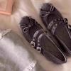 French Style Suede Bow Shoes Retro Double Button Flat Bottomed Shallow Mouth Ballet Single Shoes for Women