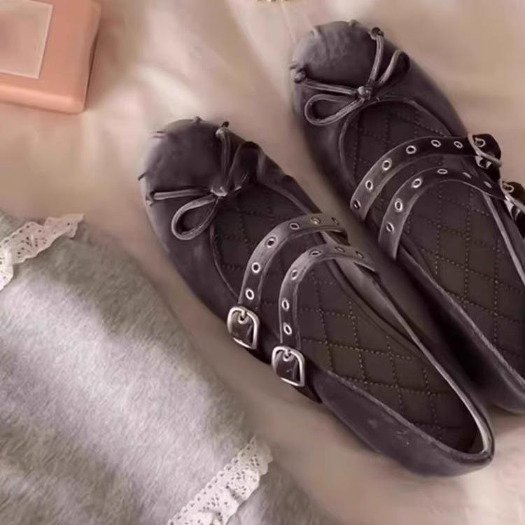 French Style Suede Bow Shoes Retro Double Button Flat Bottomed Shallow Mouth Ballet Single Shoes for Women