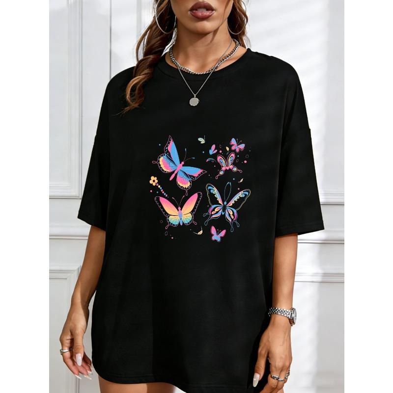 Butterfly Print T Shirt White Colorful Butterflies And Flowers Design Casual Summer Wear
