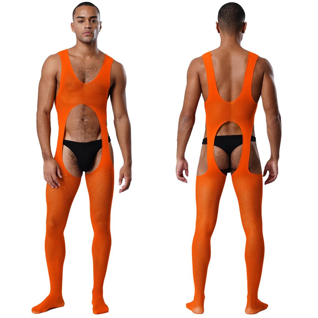 Mens See Through Sheer Jumpsuit Sleeveless Hollow Out Opening Crotch Bodysuit