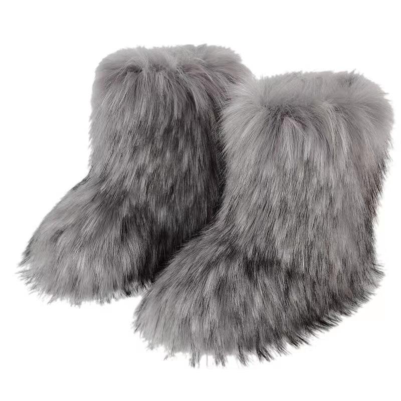 2024 Winter Boots Fluffy Fur Snow Boots High Quality Furry Faux Fox Fur Mid-calf Boots Ladies Sexy Warm Cotton-padded Shoes
