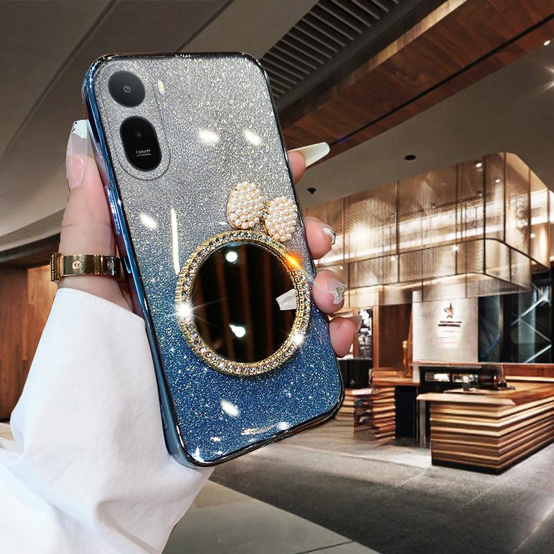 For Redmi A7 Pro Case with Bow Makeup Mirror Luxury Shiny Gradient Clear Plating Glitter Girls Slim for Redmi A7 Pro Back Cover