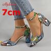 Aphixta 5cm 7cm Square Heel Summer Ankle Strap Pointed Toe Sandals Women Snake Prints Green Leather Open Shoes Pimp Plus Size 46