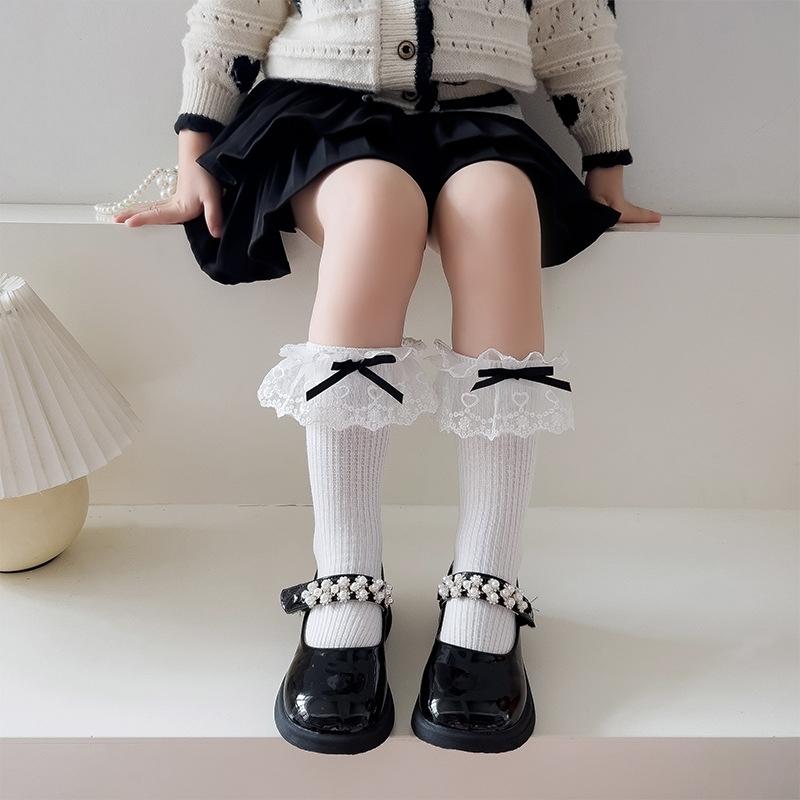 Lolita Princess White Lace Socks Children Spring Autumn Cotton Socks Korean Girl Bow Long Socks Solid Color Kids Knit Stockings
