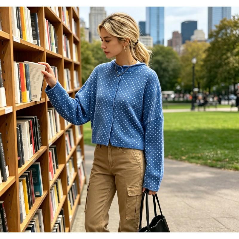 Womens Knit Cardigan With Polka Dot Jacquard Loose Fit Round Neck Short Length Long Sleeve Single Breasted Wool Blend