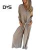 Women's Cotton-Linen Two Piece Outfit Long Sleeve Lapel Button Down Top Matching Wide Leg Pants Casual Loungewear Set