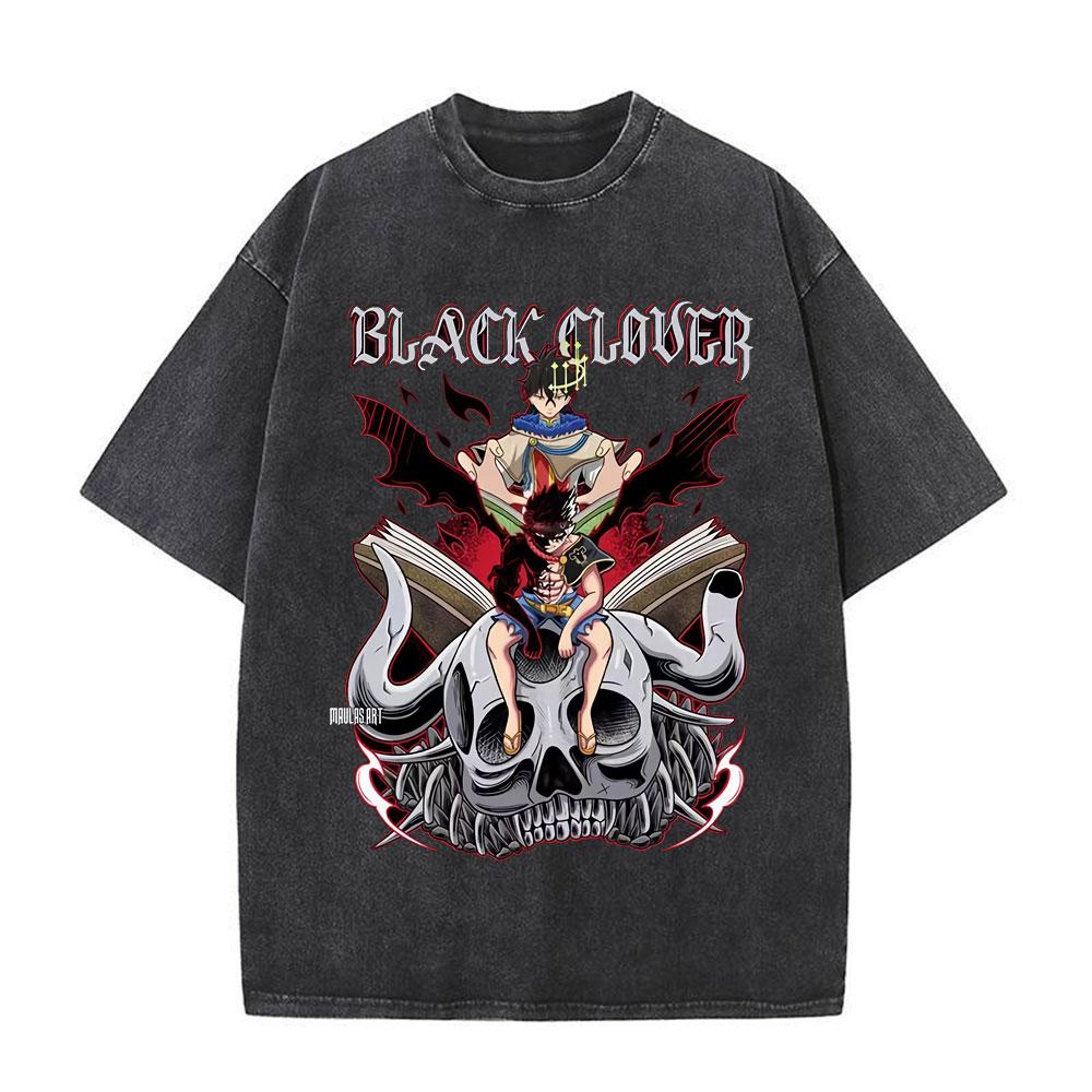 Washed Anime Black Clover Logo Graphic Print T-shirt Harajuku Summer Fashion Casual Cotton Oversized T-shirts Tops Streetwear