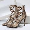 Женские босоножки на высоком каблуке, новые летние сексуальные женские туфли на высоком каблуке с острым змеиным узором и застежкой-молнией сзади