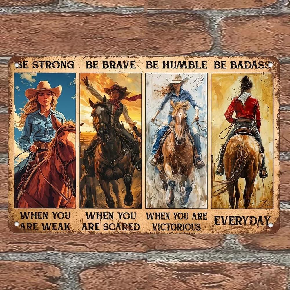 Vintage Cowgirl Motivational Metal Sign - Retro Rodeo Decor, Inspirational Wall Art for Women, 'Be Strong, Brave