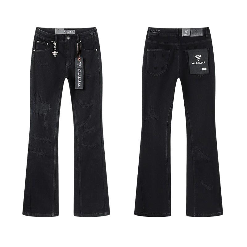 Distressed Washed Denim Jeans Men Slim Fit Flared Leg Embroidery Rhinestone Vintage Streetwear