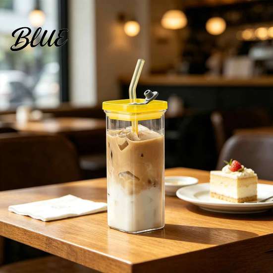Eco Friendly Glass Straw 350ml Borosilicate with Cup Tumblers Square Lid And Capacity Heat-Resistant Easy to Clean Glassware Tumbler