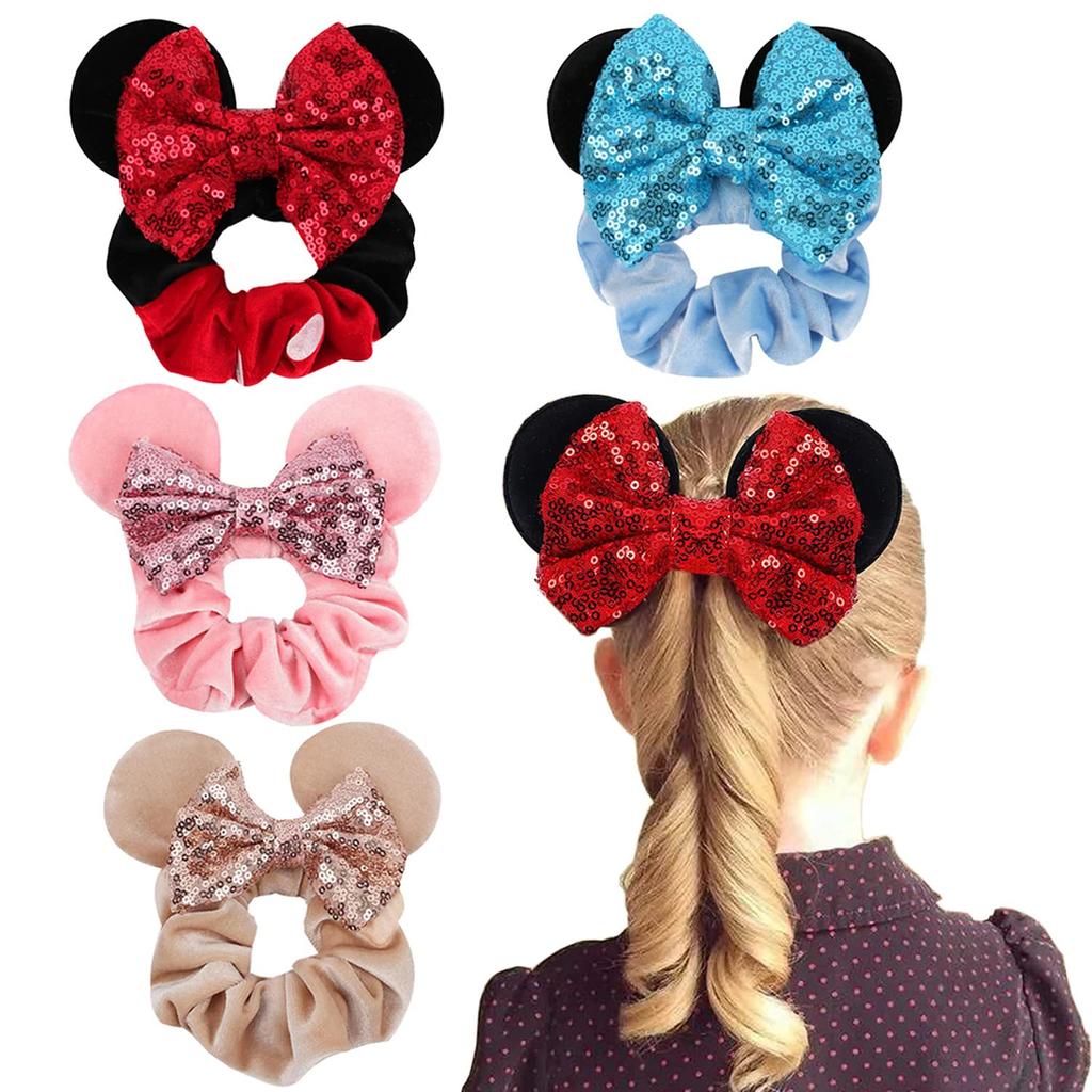 JIVELER Cute Mickey and Minnie Mouse Scrunchies, Set of 4, with Mouse Ears, Stretchy Hair Ties, Colorful and Cute, Perfect for Birthdays, Hair