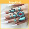 Vintage Ethnic Style Alloy Leaf Ring Set With Turquoise Inlay Fashionable And Unique 8-piece Ring Set