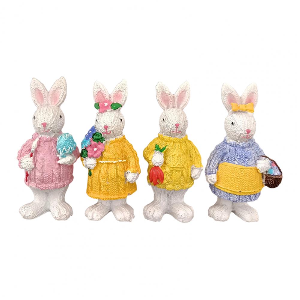 4Pcs Easter Bunny Figurine Holding Flower Egg Knitted Sweater Rabbit Statue Spring Easter Holiday Party Decoration Ornament