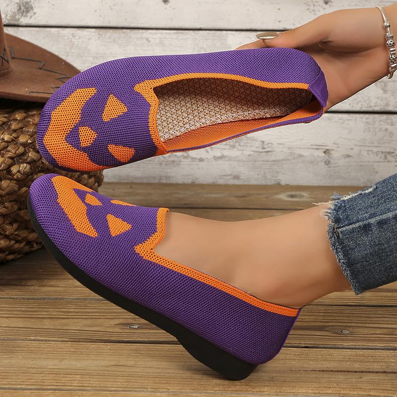 Модные женские туфли-балетки с принтом тыквы, дышащие, удобные вязаные слипоны для ходьбы, легкие лоферы на мягкой подошве для повседневной носки