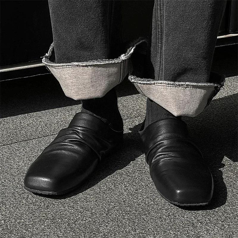 Men Genuine Leather Slippers New British Style Casual Leather Outdoor Walking Slippers Flat Designer Antiskid Soft Bottom Shoes