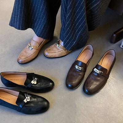 Классические~ 33-40 вымытая коровья кожа первого слоя лоферы с замком 2025 весна коричневые на плоской подошве с мелким вырезом одинарная обувь женская