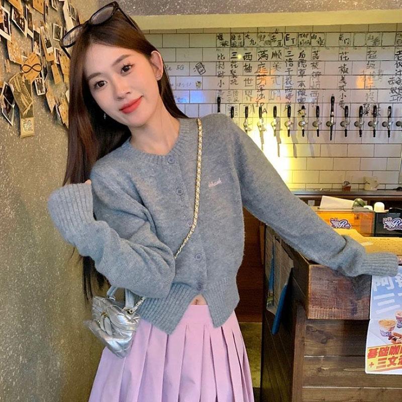 Серый вязаный кардиган с буквами для женщин, весна и осень, новый короткий топ во французском стиле ретро