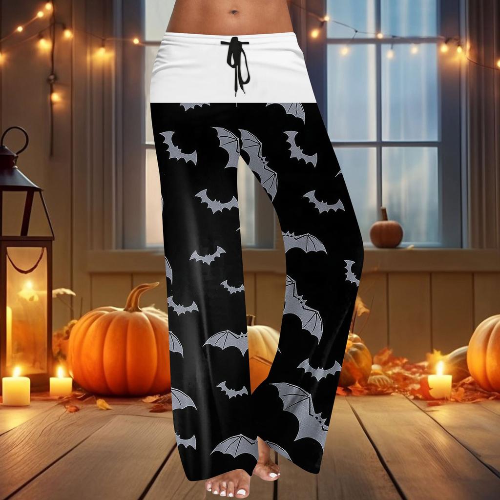 Женские широкие брюки на резинке и завязках на талии для Хэллоуина, повседневные брюки с принтом