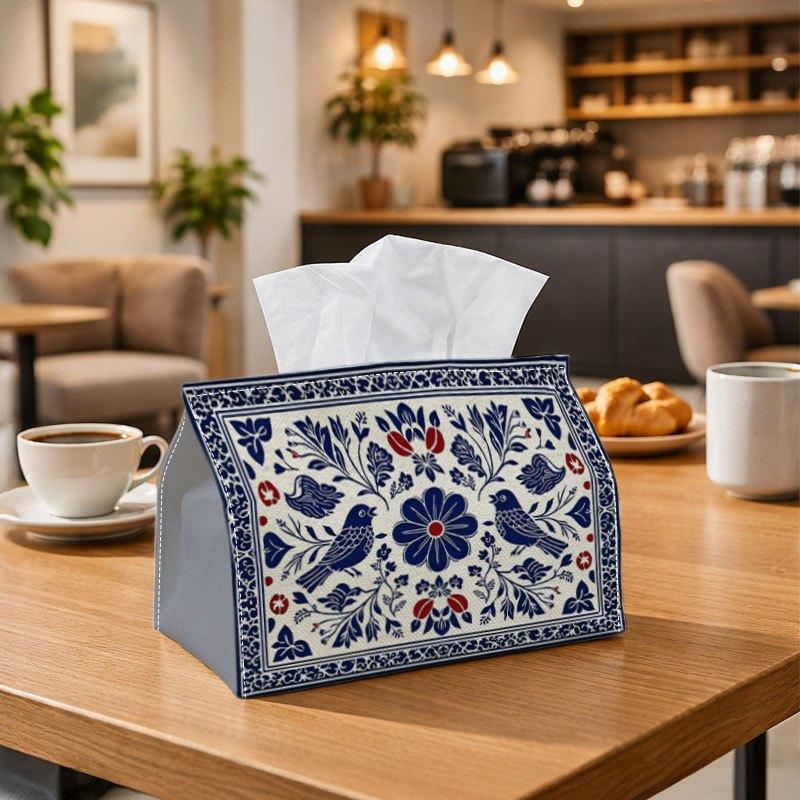 1pc Mediterranean Vintage Floral Tissue Box, Blue Tile Bird Pattern Perfect for Outdoor Gatherings, Daily Desktop Use, And Suitable for Bedrooms, Livi