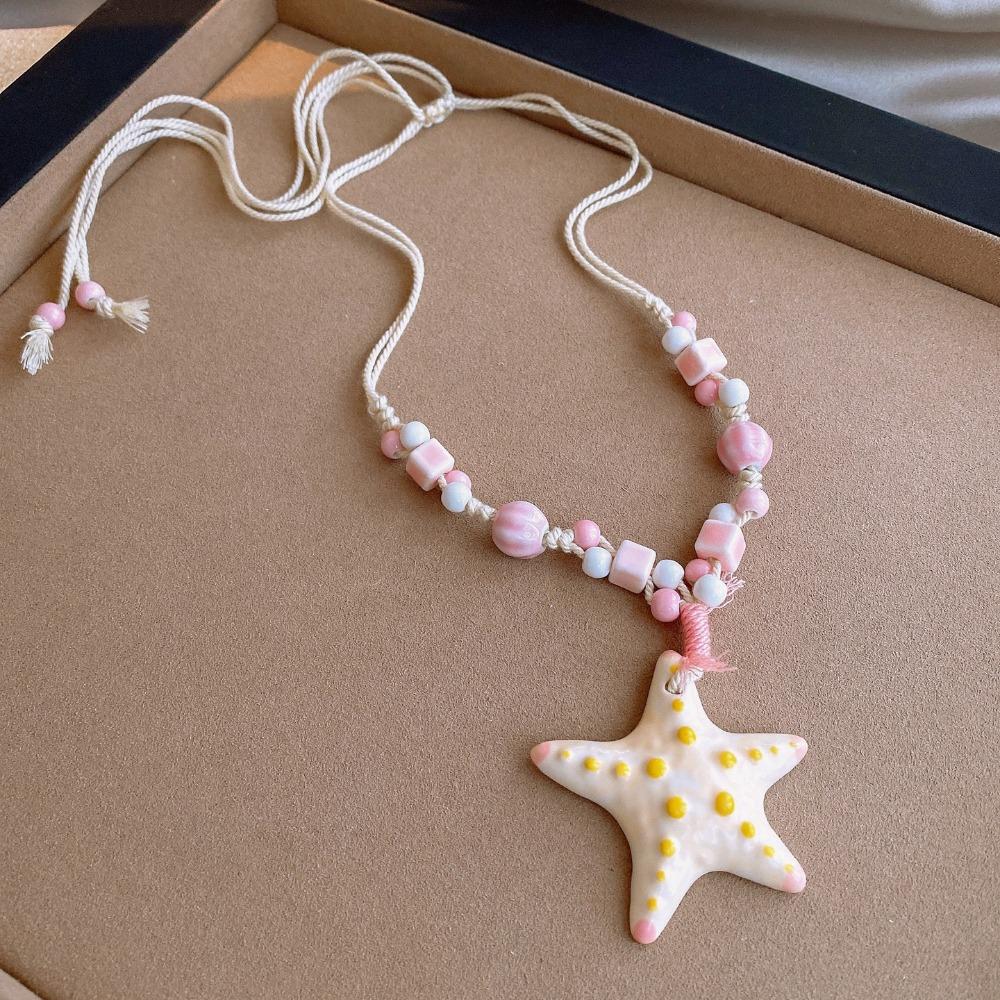 Starfish Beaded Long Chain Necklace Ceramic Women Pendant Rope Necklace Bohemian Accessories